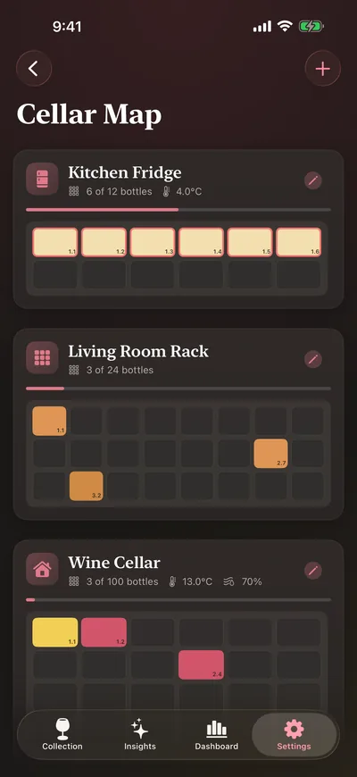 Cellar Map screen showing three storage locations, Wine Cellar, Kitchen Fridge and Living Room Rack, as grids of slots with occupied slots coloured by bottle type, plus temperature and humidity.