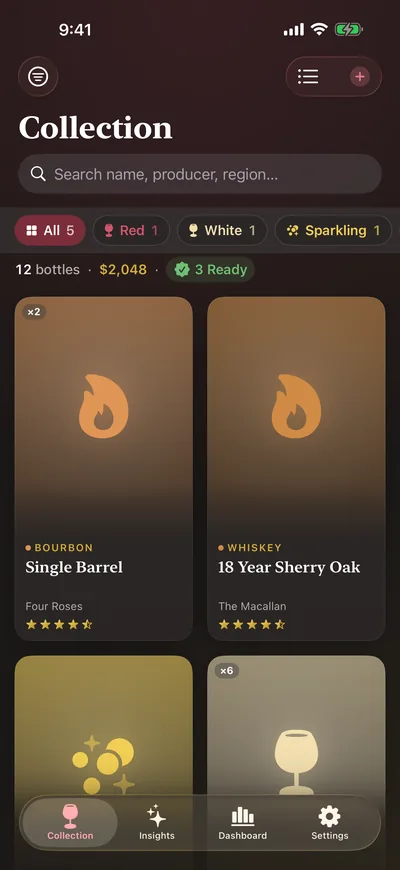Collection screen with a search field and a grid of bottle cards showing name, producer, vintage, star rating and quantity.