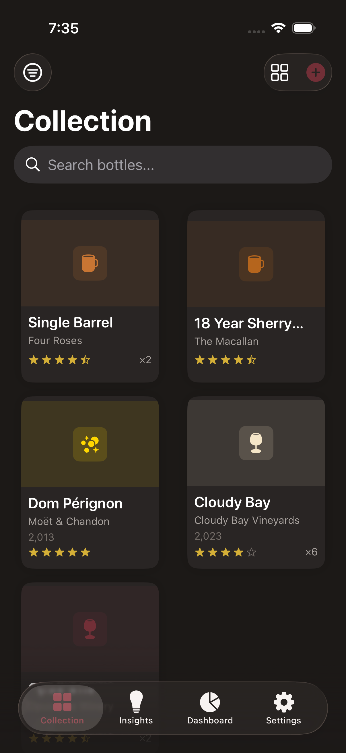 Cellar Pro collection grid showing wine and spirits records