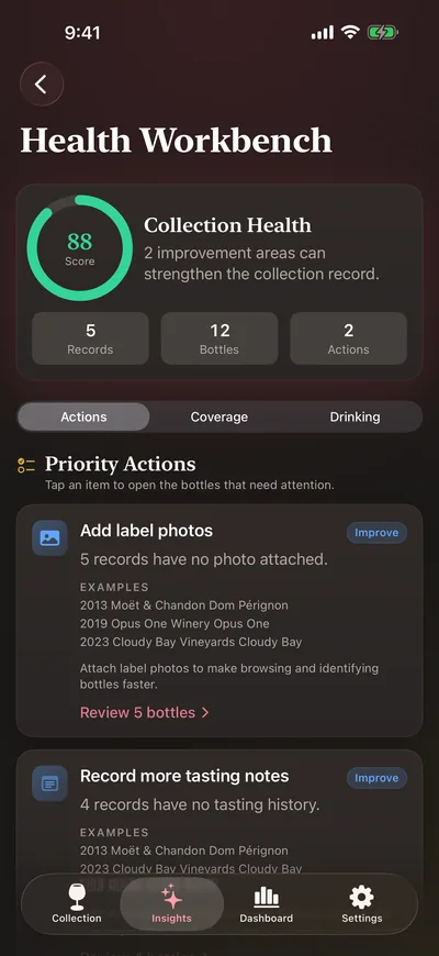 Health Workbench screen with a collection health score of 88, counts of records, bottles and actions, and a priority action to add label photos to five records.