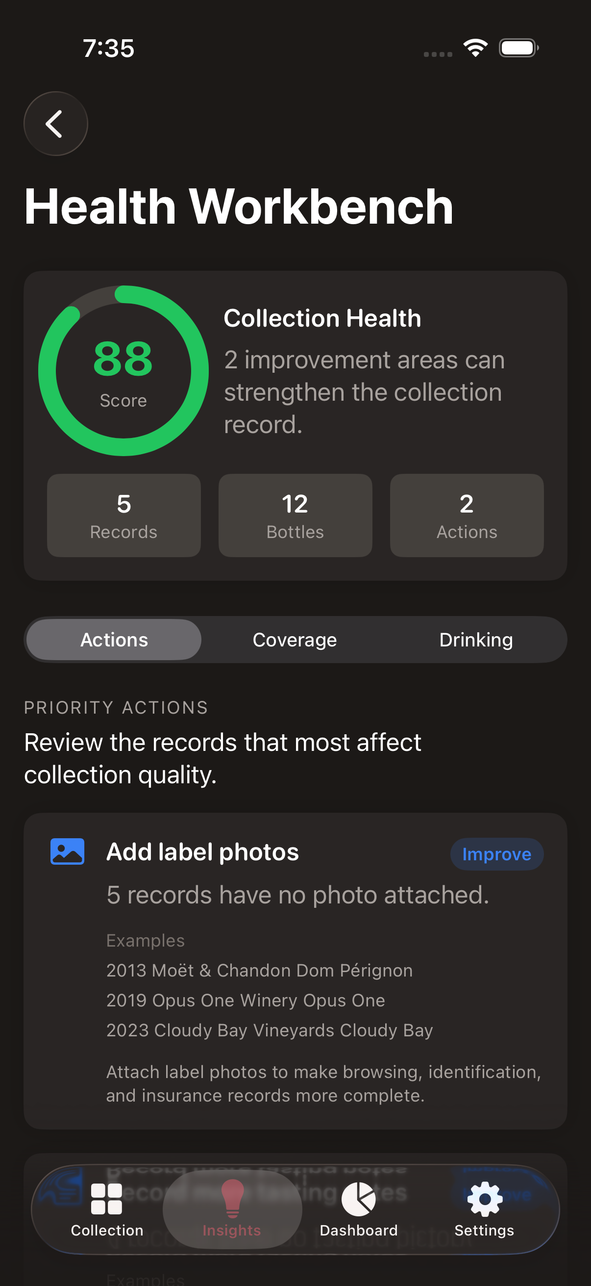 Collection Health Workbench showing score and priority actions