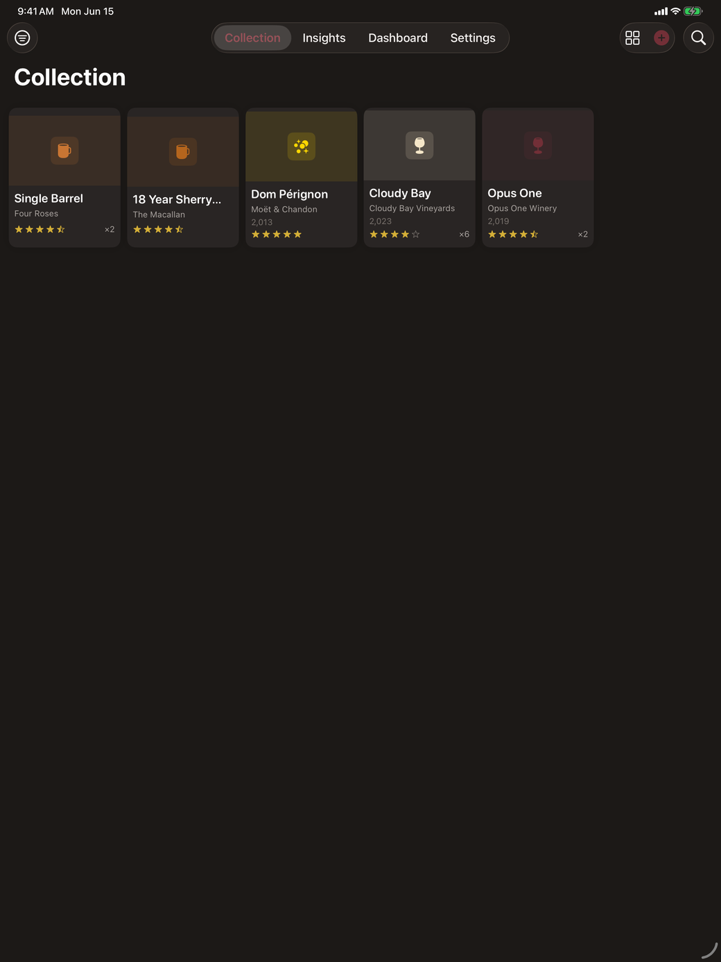 Cellar Pro running on iPad, showing a wine and spirits collection list on the left and a selected bottle record with vintage, value, storage location, and tasting details on the right.