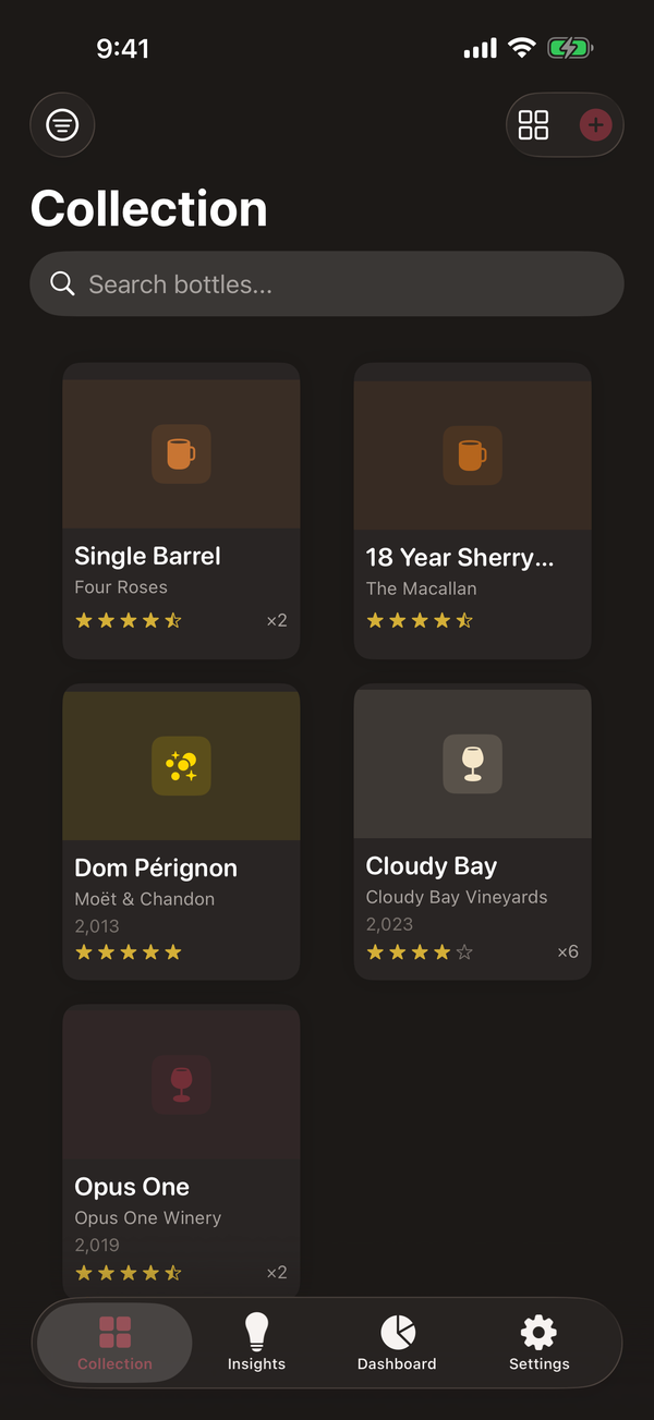 Cellar Pro collection screen on iPhone, listing wine and spirit bottles as cards with name, type, vintage, rating, and quantity.