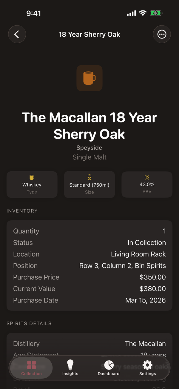 Cellar Pro bottle detail screen on iPhone, showing a spirit with age statement, proof, cask, fill level, value, and tasting notes.