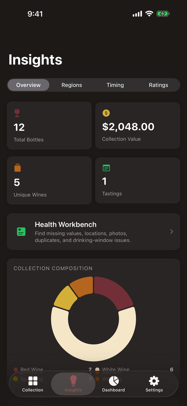 Cellar Pro insights screen on iPhone, with collection analytics and a health workbench flagging missing photos, values, and drinking-window issues.