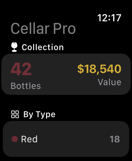 Cellar Pro on Apple Watch, showing a collection summary with total bottle count and overall value.